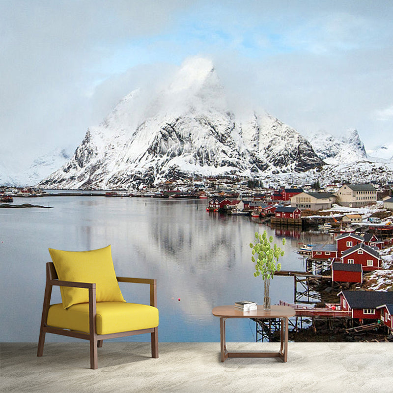 Whole Modern Wall Mural White Riverside Town at the Foot of Snow Mountain Wall Art, Custom Made