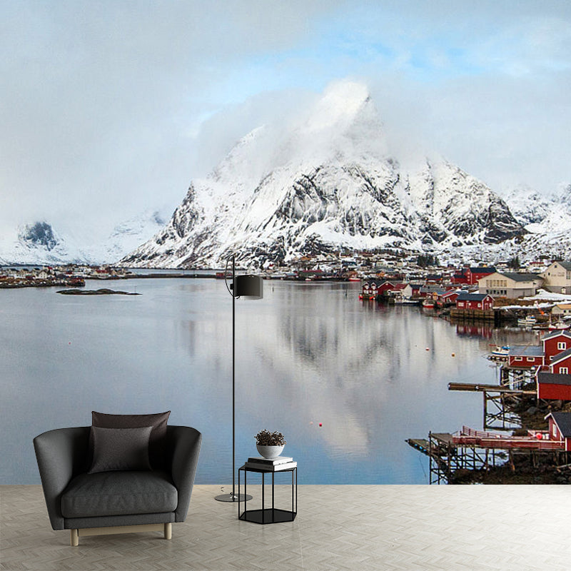 Whole Modern Wall Mural White Riverside Town at the Foot of Snow Mountain Wall Art, Custom Made