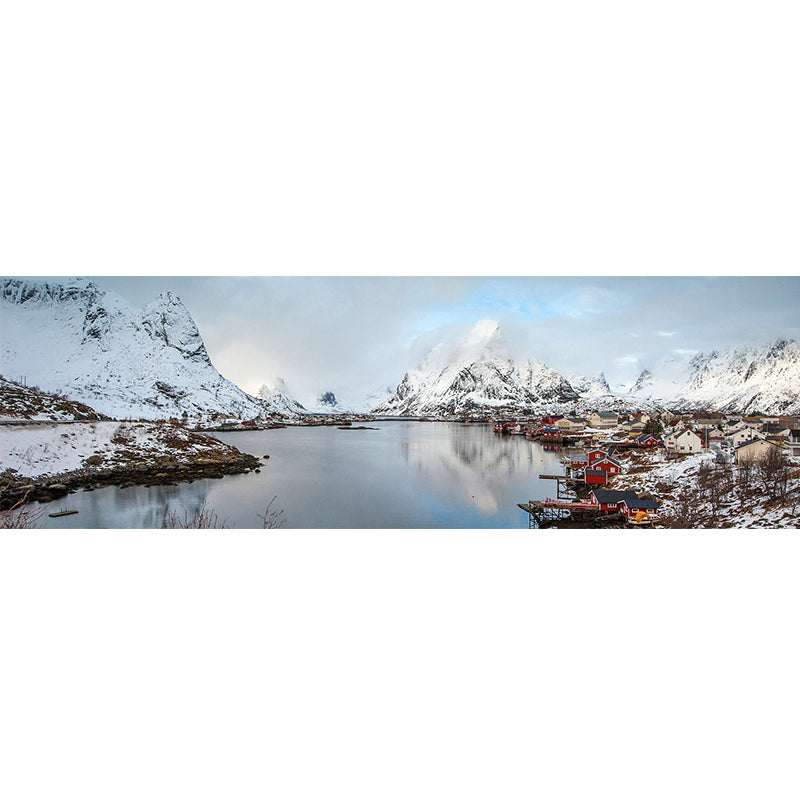 Whole Modern Wall Mural White Riverside Town at the Foot of Snow Mountain Wall Art, Custom Made