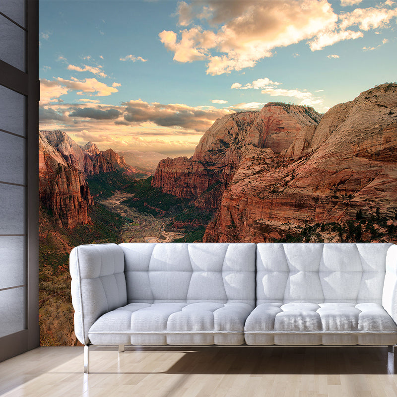 Big Zion National Park Mural Moisture Resistant Modernist Bedroom Wall Decor in Blue-Brown
