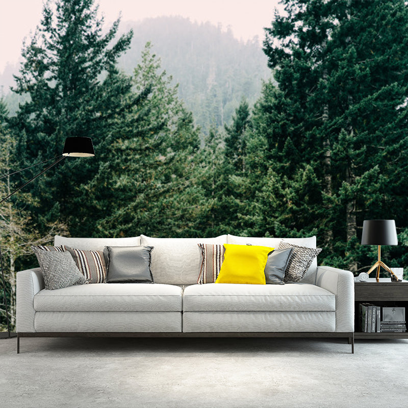 Big Pine Forest Scenery Mural Indoor Open Field in Front of Cabin Wall Art in Yellow-Green, Washable