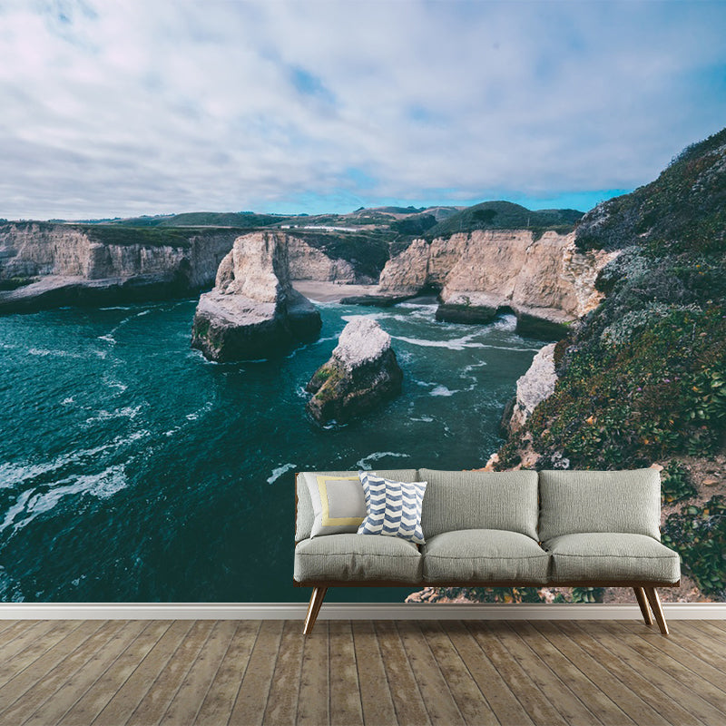 Mountain by the Riverside Mural Blue-Brown Modern Style Wall Covering for Living Room