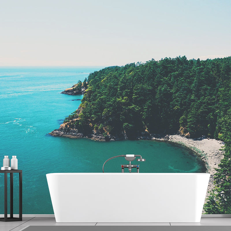 Blue-Green Seascape Wall Mural Forest Bay Modern Stain Resistant Wall Art for Home