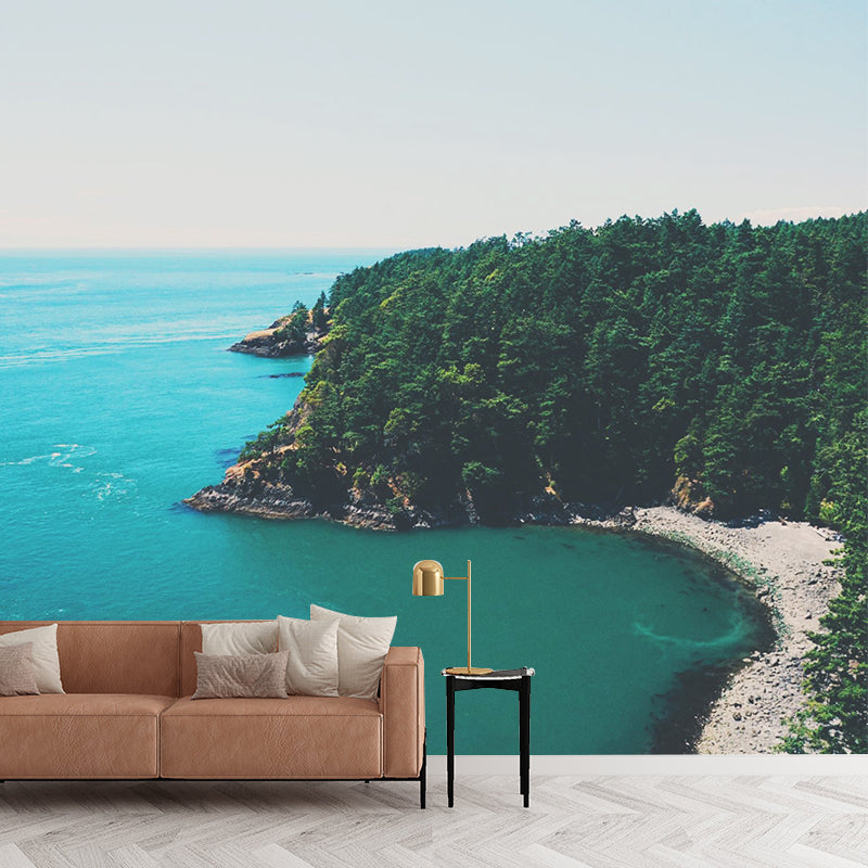 Blue-Green Seascape Wall Mural Forest Bay Modern Stain Resistant Wall Art for Home