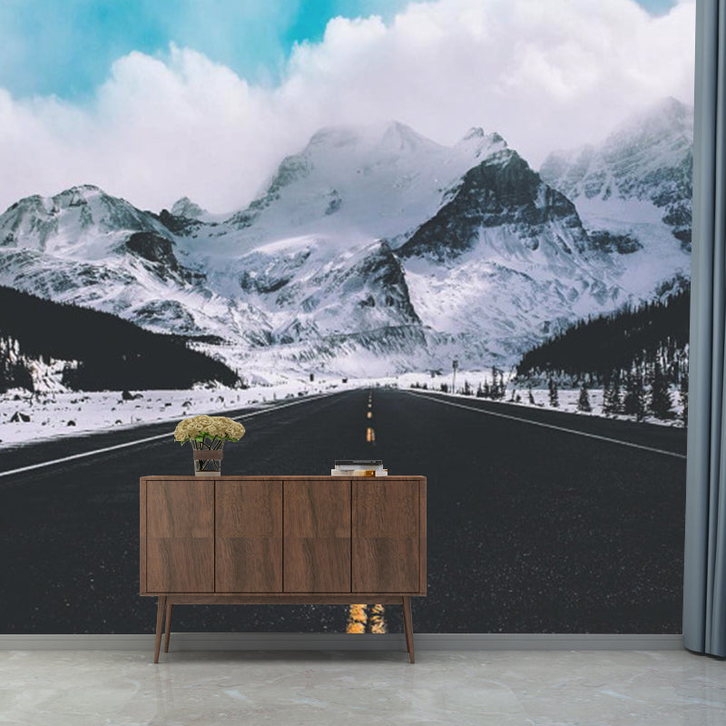 Big Contemporary Wall Paper Mural Black Straight Road to Snow Mountain Wall Covering, Custom Size