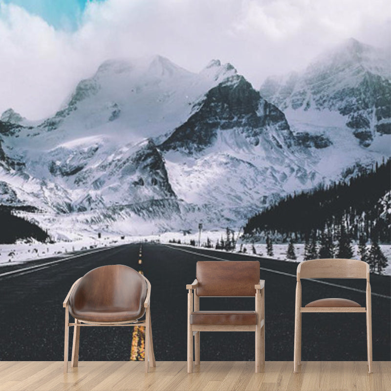 Big Contemporary Wall Paper Mural Black Straight Road to Snow Mountain Wall Covering, Custom Size