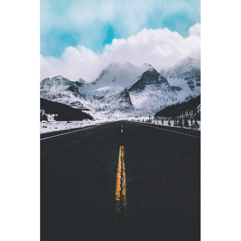 Big Contemporary Wall Paper Mural Black Straight Road to Snow Mountain Wall Covering, Custom Size