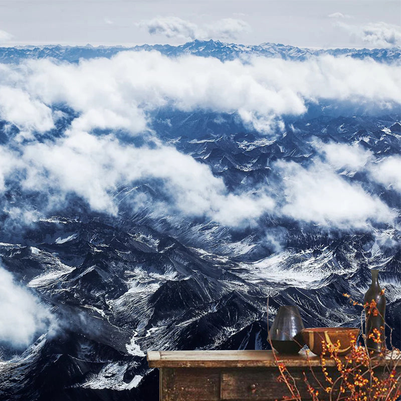 Smooth Large White Mural Modern Cloudy Mountain View from Sky Wall Covering, Custom-Made