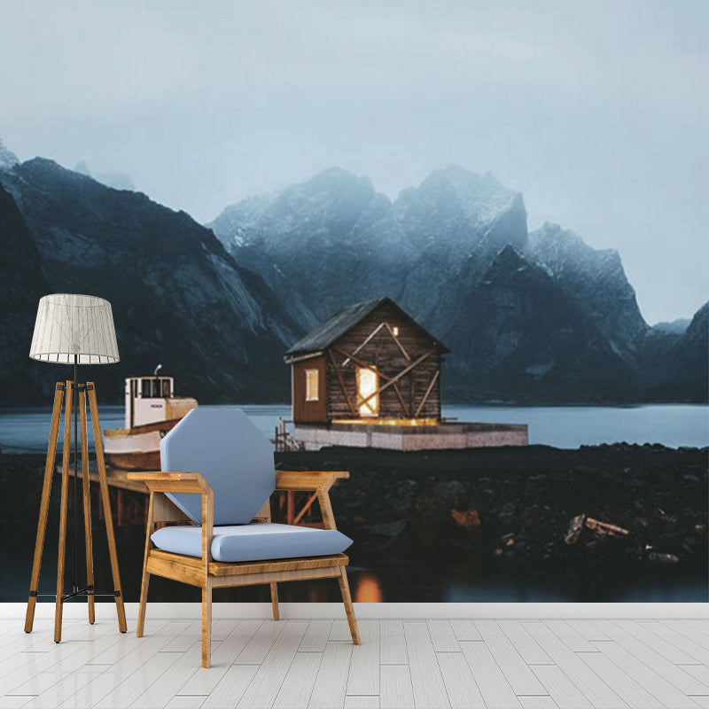 Tranquil Nightfall Scenery Mural for Bedroom Riverside Fishers Cabin by the Mountain Wall Decor, Made to Measure