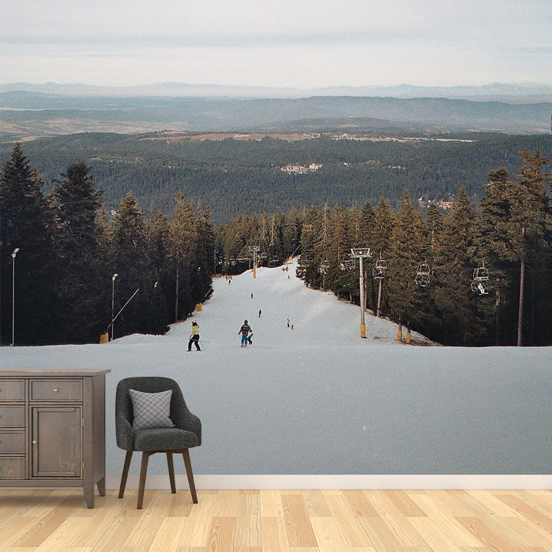 Blue Modernist Wall Mural Decal Huge Snow Ramp with Roadside Pine Trees Wall Art for Bedroom