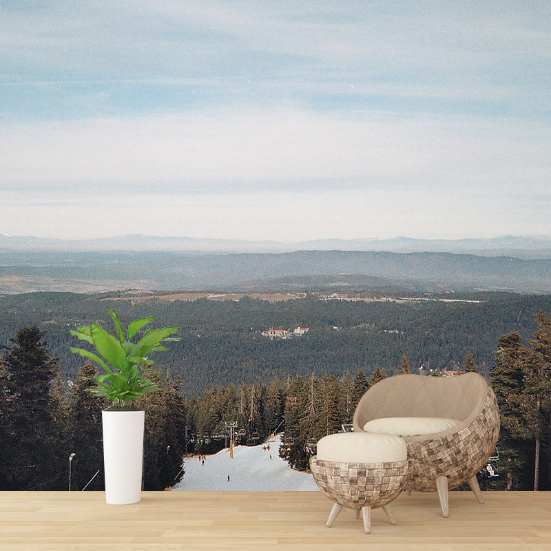 Blue Modernist Wall Mural Decal Huge Snow Ramp with Roadside Pine Trees Wall Art for Bedroom