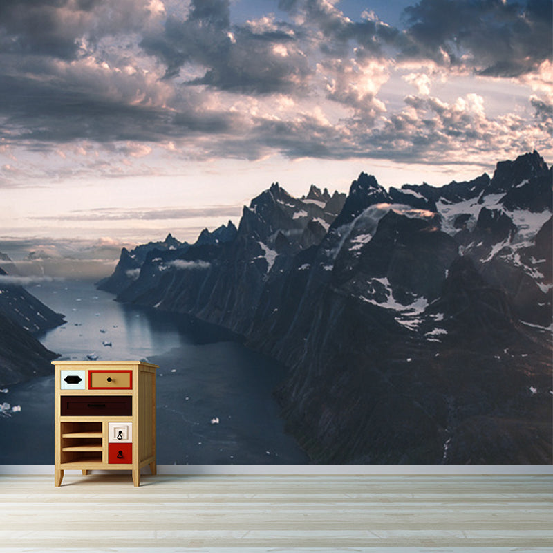 Huge Modern Mural in Black Man Stand on Peak by the Riverside with Snow Melting Wall Decor, Custom Made