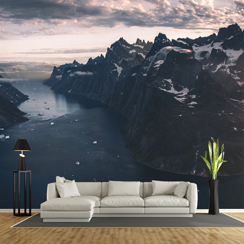 Huge Modern Mural in Black Man Stand on Peak by the Riverside with Snow Melting Wall Decor, Custom Made