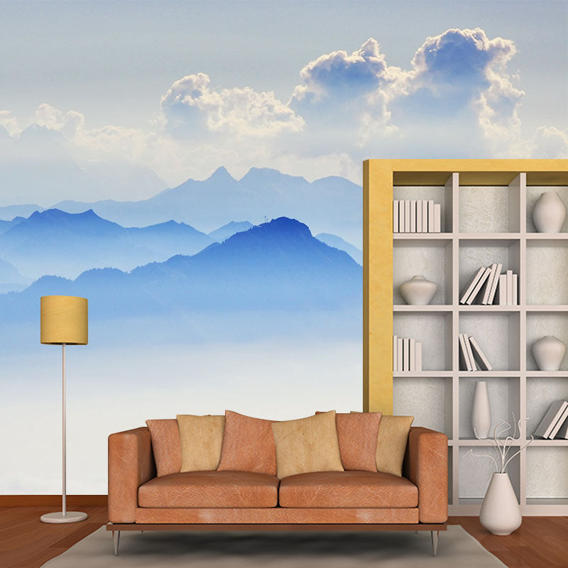 Blue Smoggy Mountain Landscape Mural Moisture Resistant Wall Art for Living Room