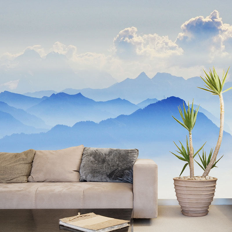 Blue Smoggy Mountain Landscape Mural Moisture Resistant Wall Art for Living Room