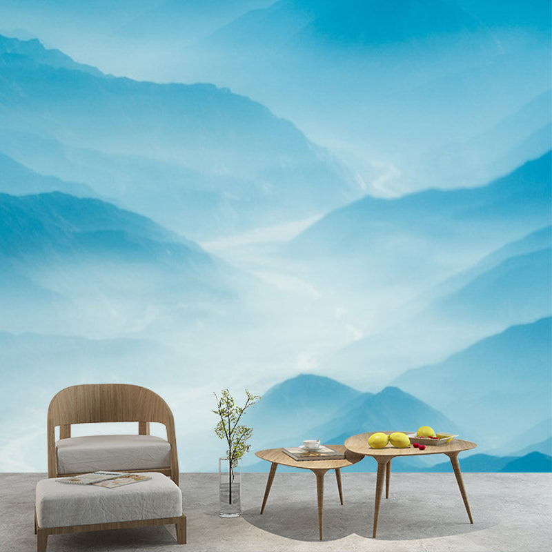Modern Landscape Wallpaper Mural Blue Smoggy Mountain with Curved River Wall Art
