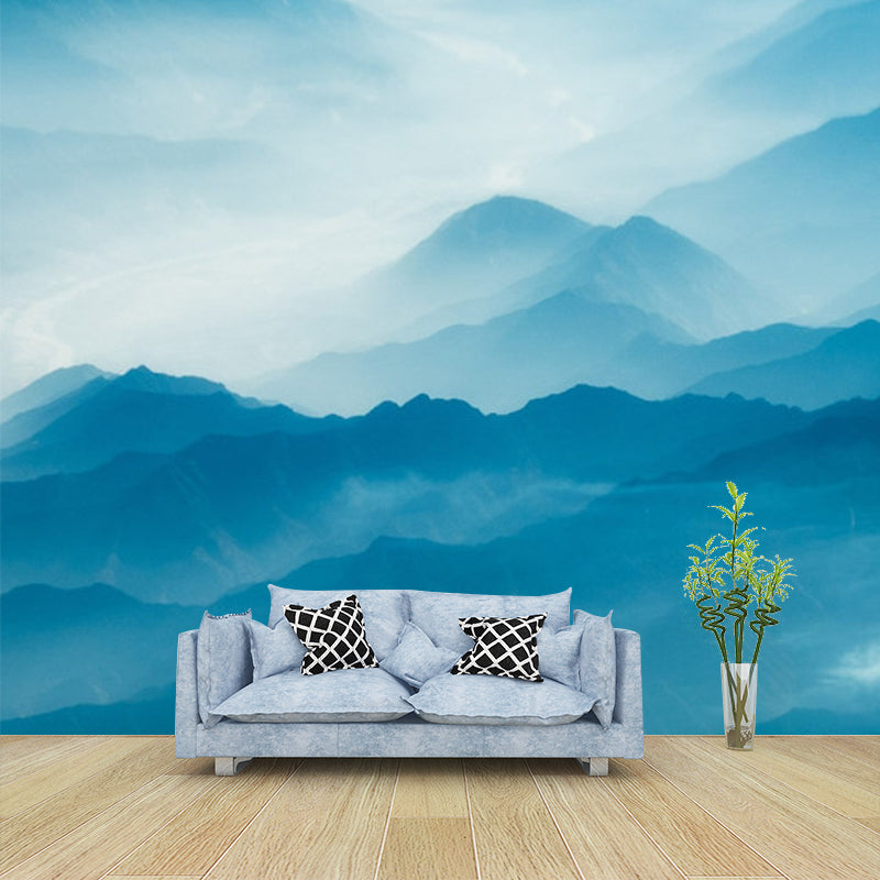 Modern Landscape Wallpaper Mural Blue Smoggy Mountain with Curved River Wall Art
