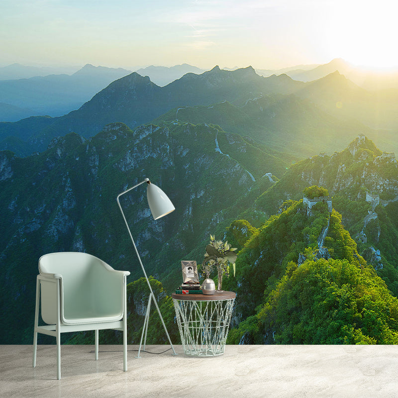 Full-Size Scenic View Mural for Home Sunrise in the Great Wall Wall Decor in Green, Waterproof