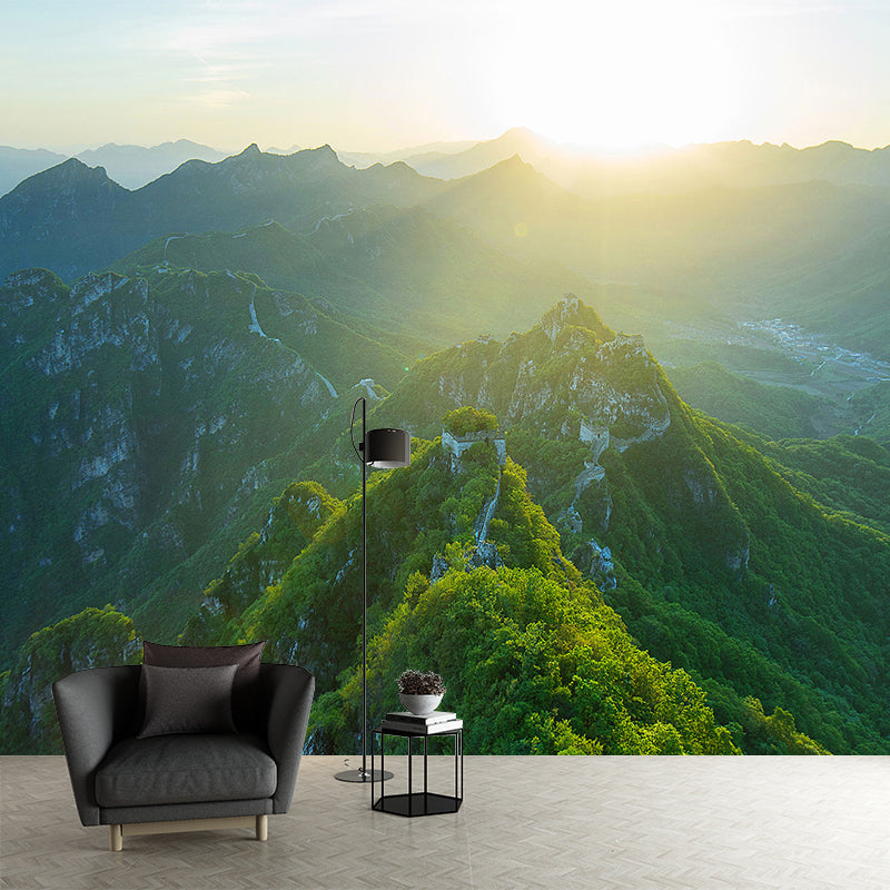 Full-Size Scenic View Mural for Home Sunrise in the Great Wall Wall Decor in Green, Waterproof