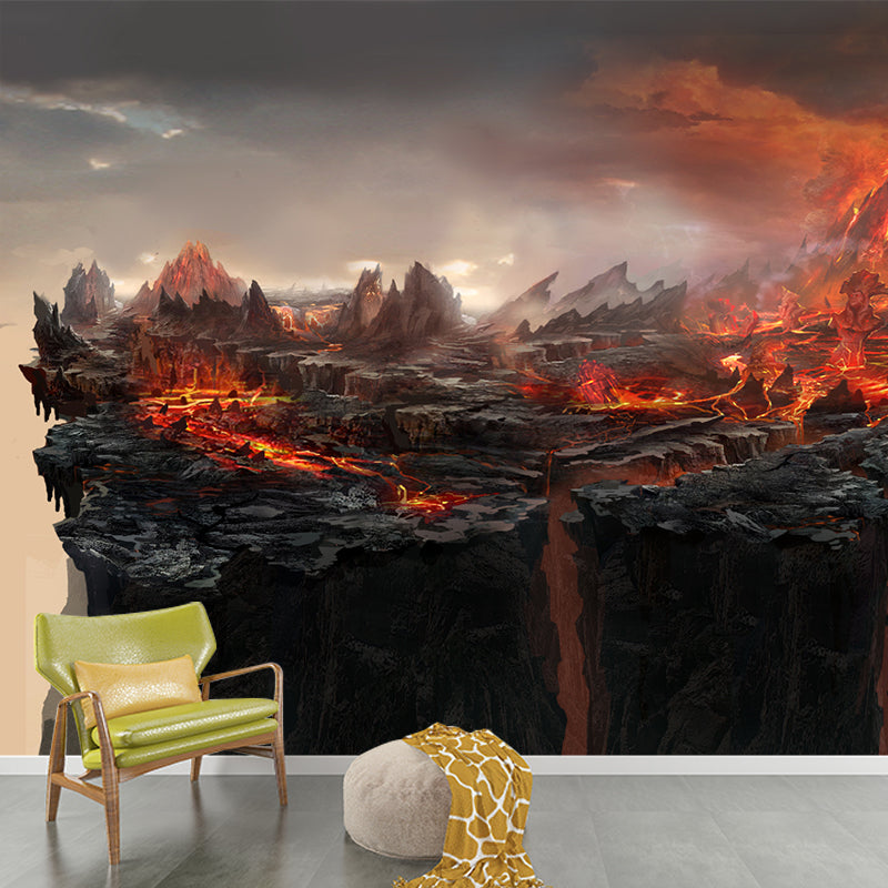 Photography of Volcano Eruption Mural for Accent Wall, Black-Red, Custom Size Available