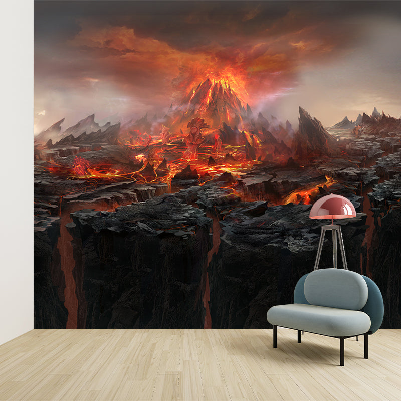 Photography of Volcano Eruption Mural for Accent Wall, Black-Red, Custom Size Available