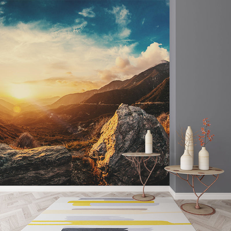 Mountain Sunrise Scenery Mural Contemporary Moisture Resistant Bedroom Wall Covering, Optional Size