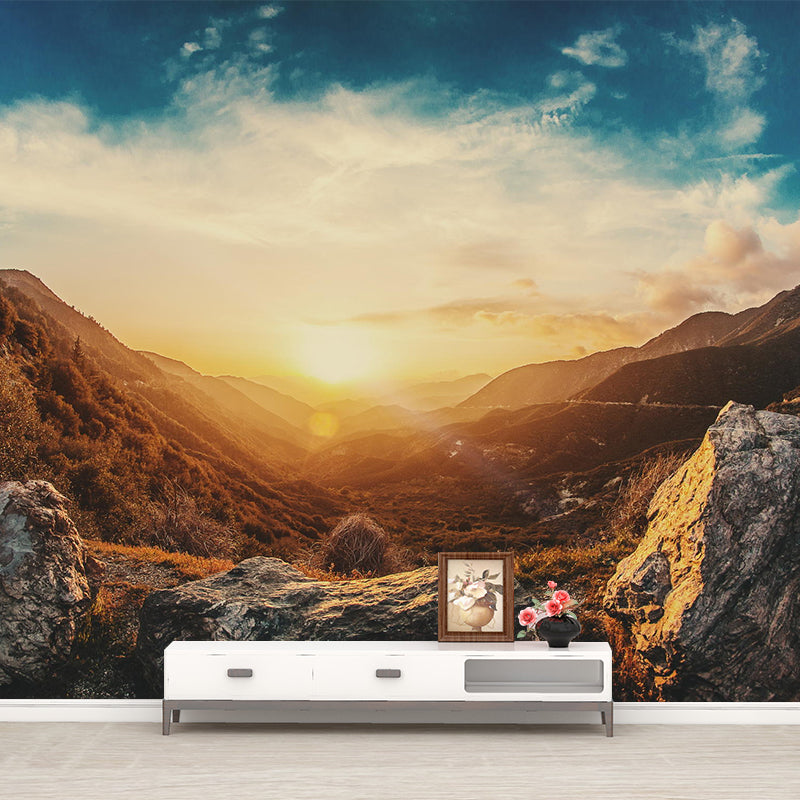 Mountain Sunrise Scenery Mural Contemporary Moisture Resistant Bedroom Wall Covering, Optional Size
