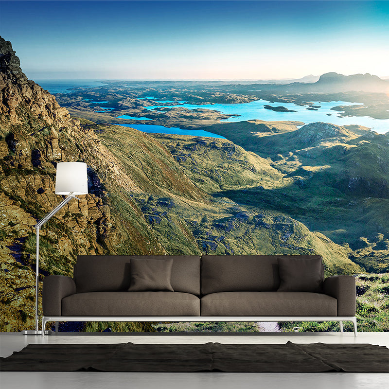 Green Sunshine Scenery Mural Mountain with Puddles Modern Washable Wall Covering