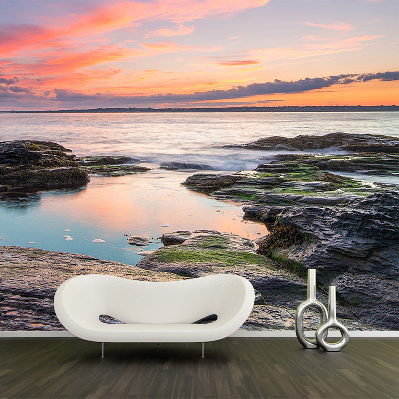 Sunset River Shore Scene Mural Decal Modern Non-Woven Material Wall Decor in Orange