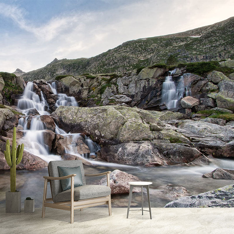 Modern Waterfalls Wallpaper Mural Brown Mountain and Rivulet Scenery Wall Covering