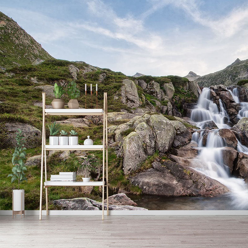 Modern Waterfalls Wallpaper Mural Brown Mountain and Rivulet Scenery Wall Covering