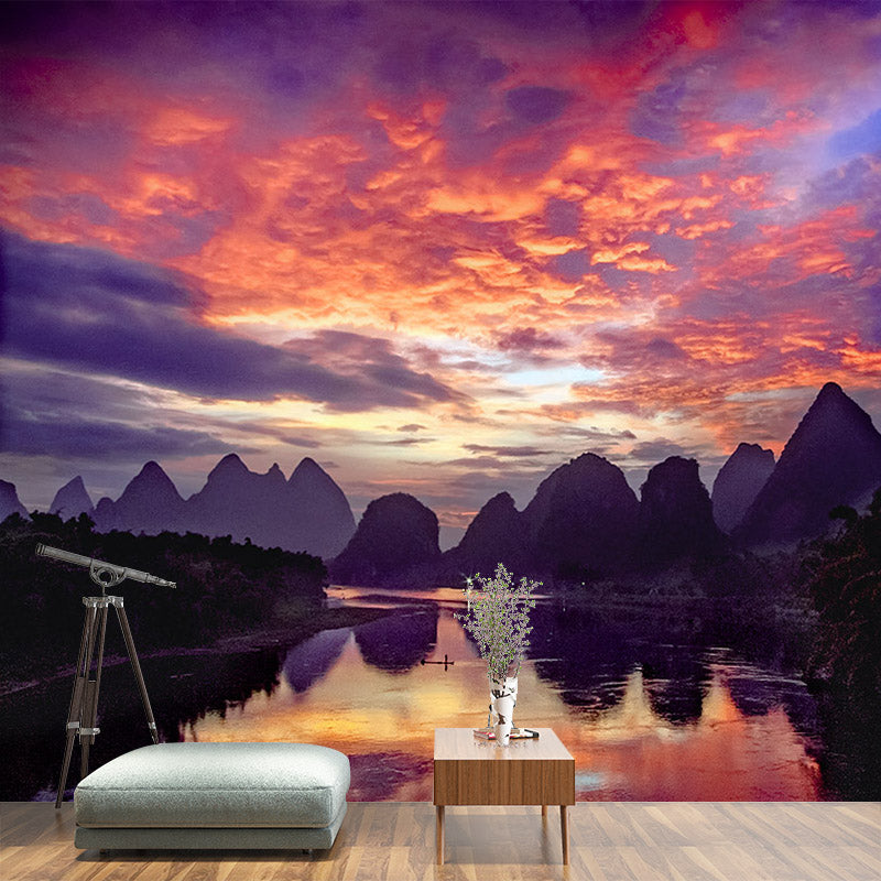 Whole Guilin Scenery Wall Mural Modern Picturesque Evening Glow Wall Art in Orange-Purple