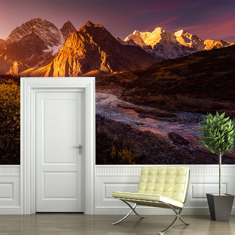 Big Sunset Landscape Mural for Home Stream Flowing Across Mountain Wall Covering in Orange, Washable