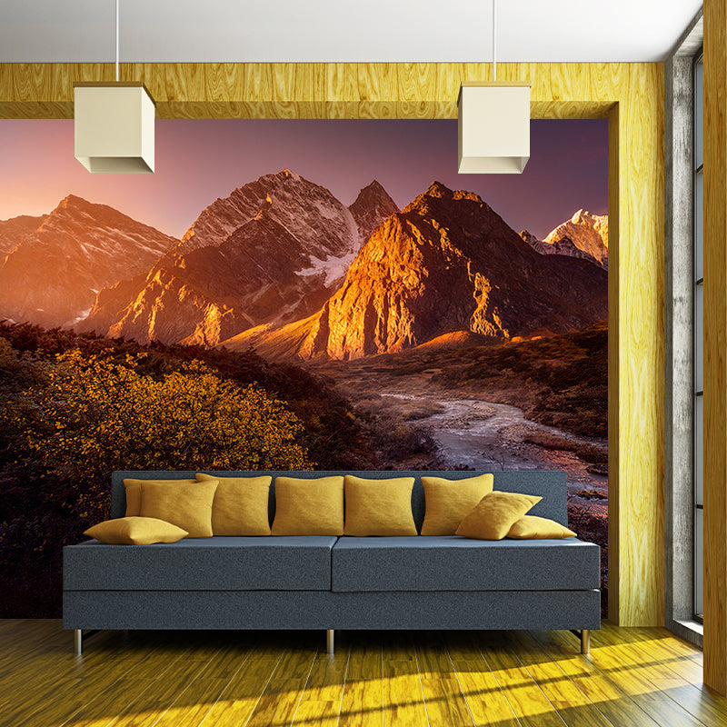 Big Sunset Landscape Mural for Home Stream Flowing Across Mountain Wall Covering in Orange, Washable