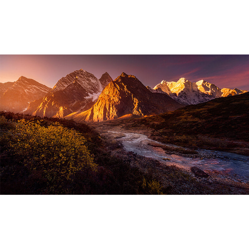 Big Sunset Landscape Mural for Home Stream Flowing Across Mountain Wall Covering in Orange, Washable