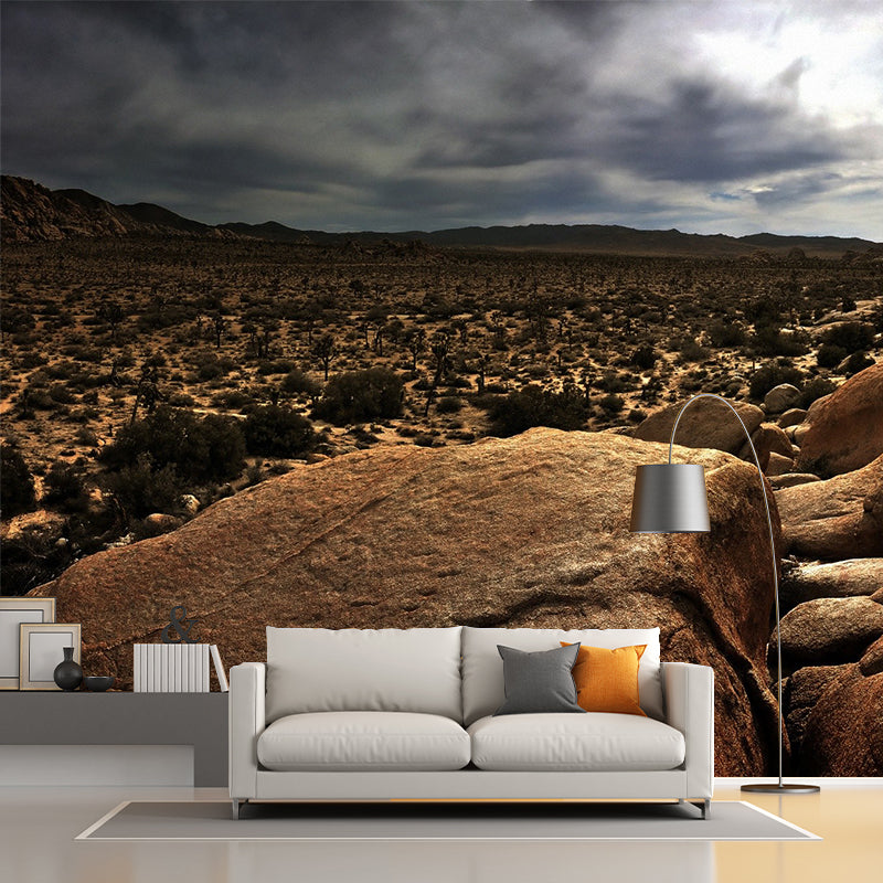 Desert Plants with Stone Mural Brown Modern Style Wall Covering for Accent Wall, Size Optional