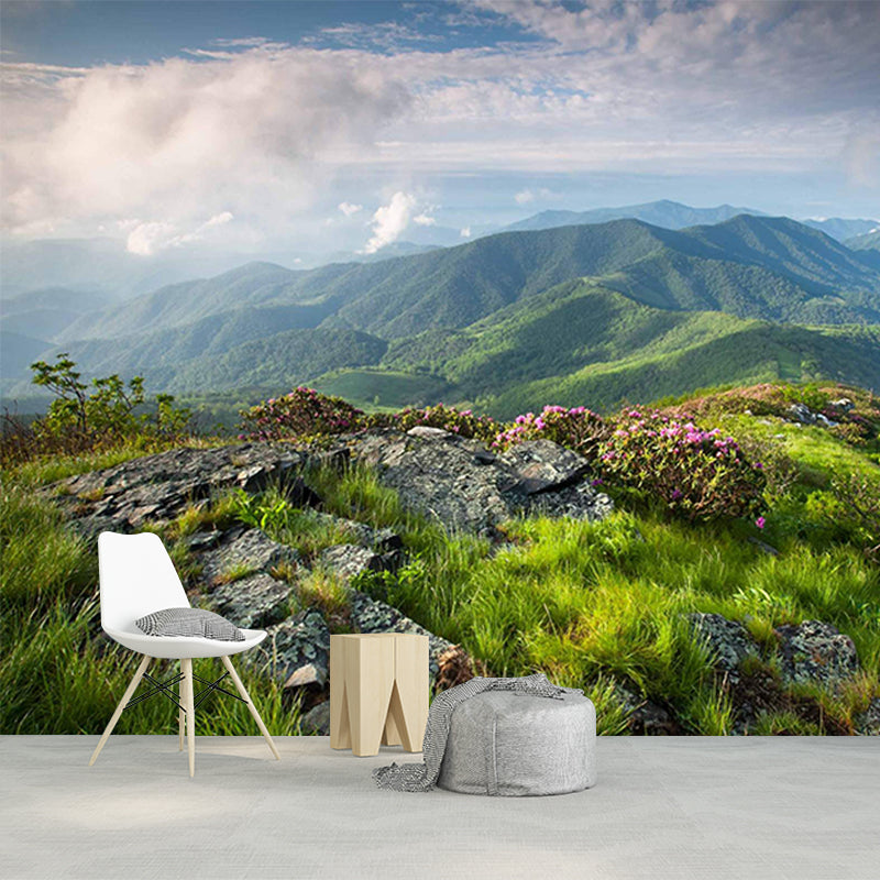 Personalized Photo Print Modern Mural with Spring Scenery at Mountain Peak Pattern in Green