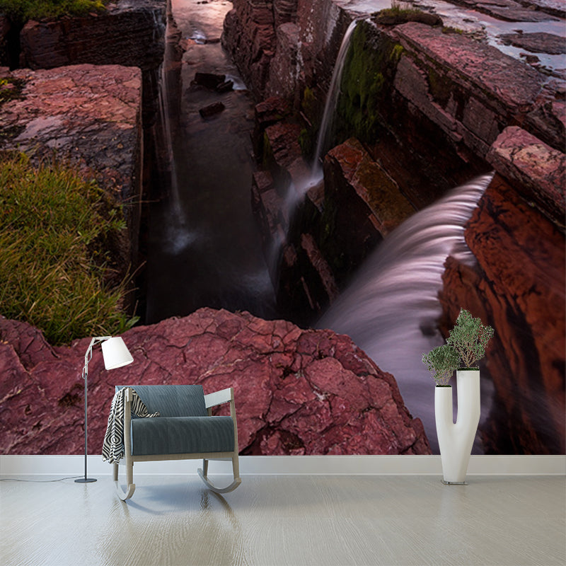 Sunset Rift Valley Cascades Mural Orange Modernist Wall Covering for Bedroom, Non-Woven