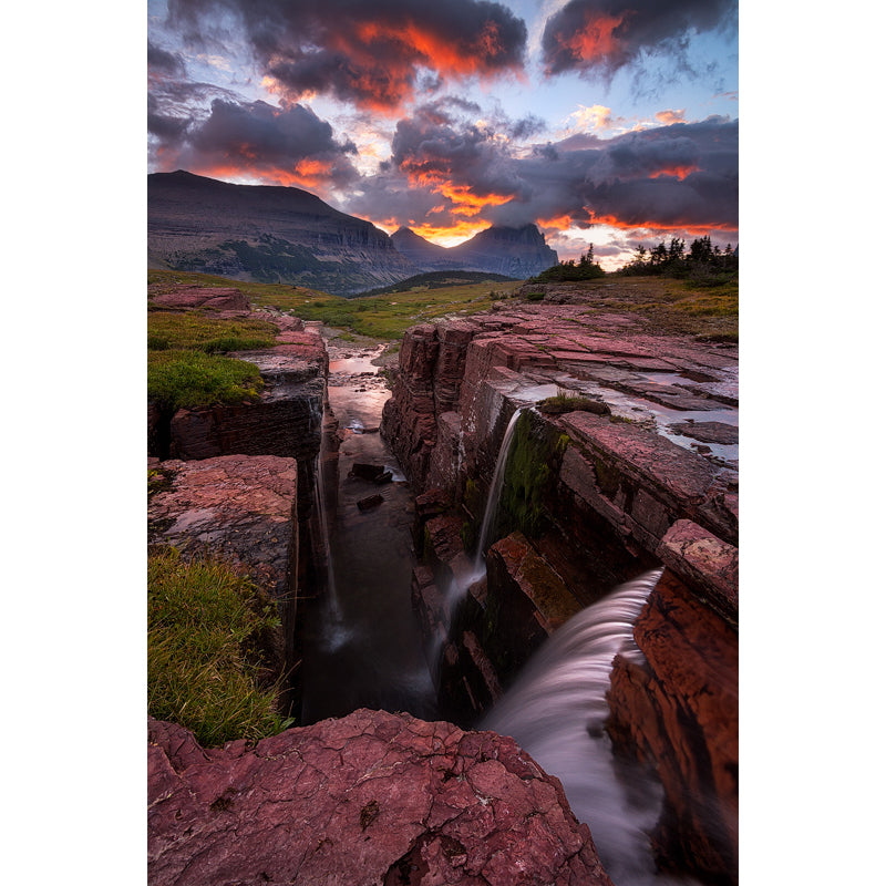 Sunset Rift Valley Cascades Mural Orange Modernist Wall Covering for Bedroom, Non-Woven