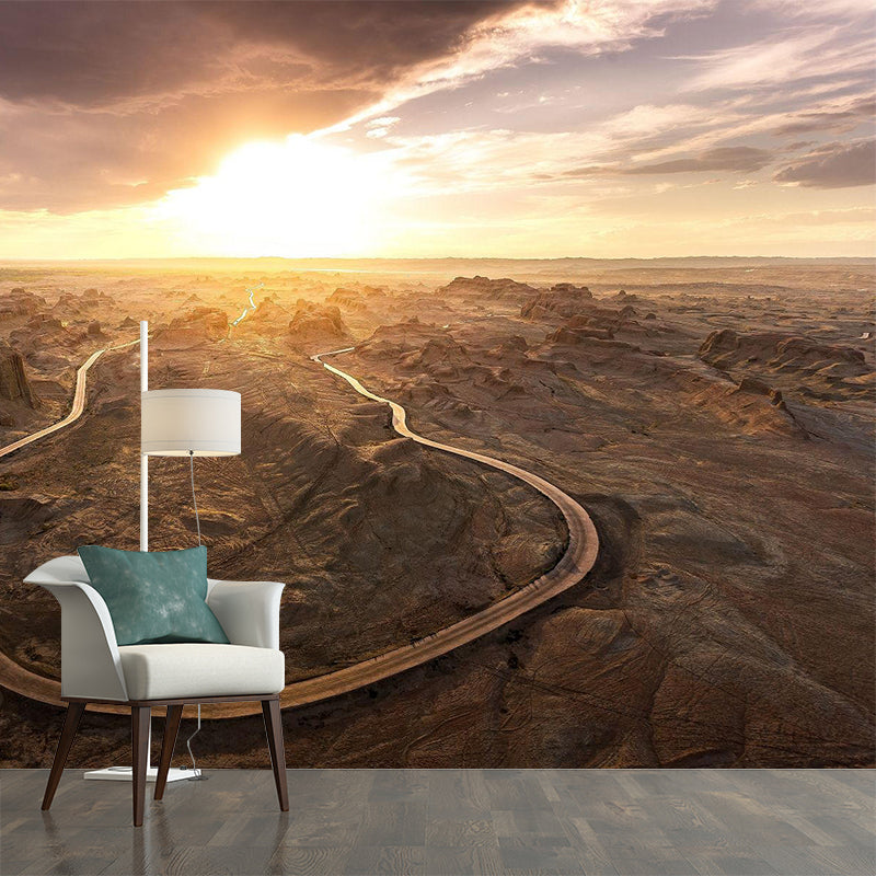 Contemporary Wilds Curved Road Mural Brown Sunset Landscape Wall Decor for Bedroom