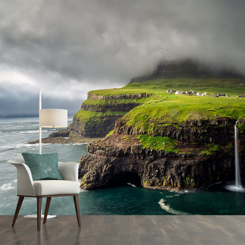 Scandinavian Scenery Wallpaper Mural Grey Sky with Meadow Seashore Wall Covering