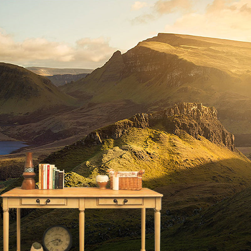 Full Size Backlit Mountain Mural Modern Enchanting Scenery During Sunset Wall Art in Brown