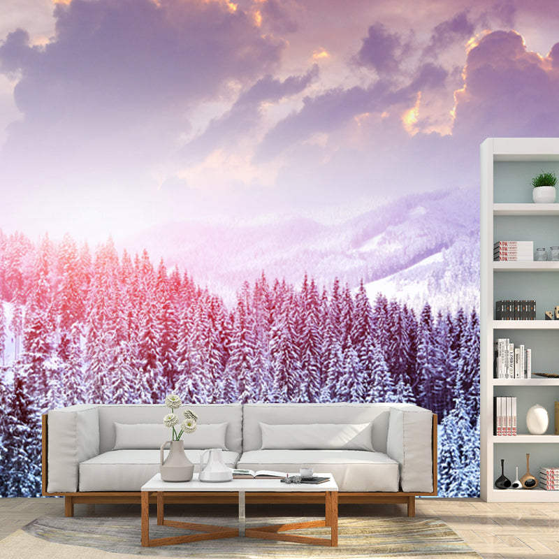 Pink Winter Cypress Mountain Mural Decal Stain Resistant Wall Covering for Accent Wall