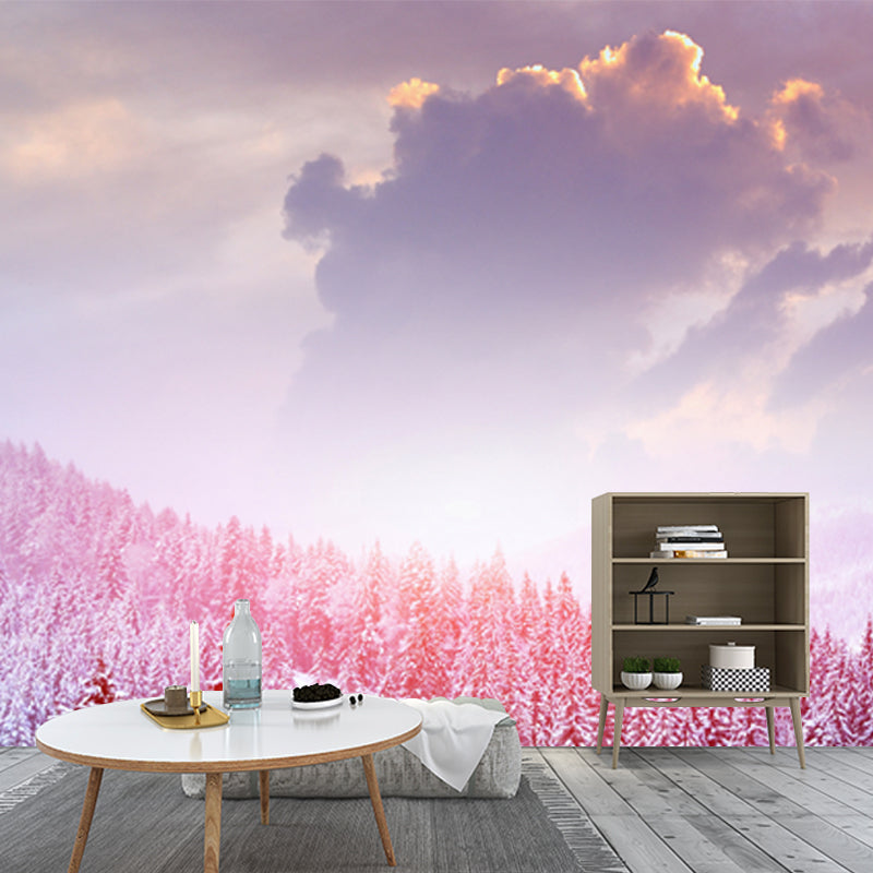 Pink Winter Cypress Mountain Mural Decal Stain Resistant Wall Covering for Accent Wall