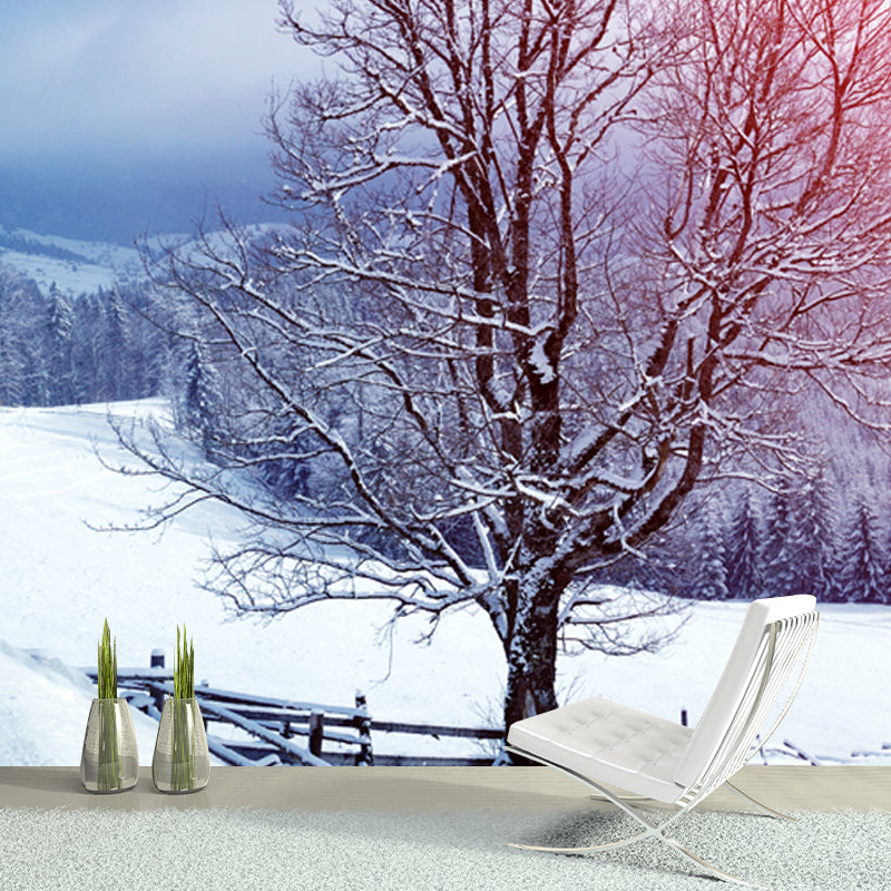 Pink Mountainside Trees Wallpaper Mural Snow Landscape Modern Stain-Proof Wall Art