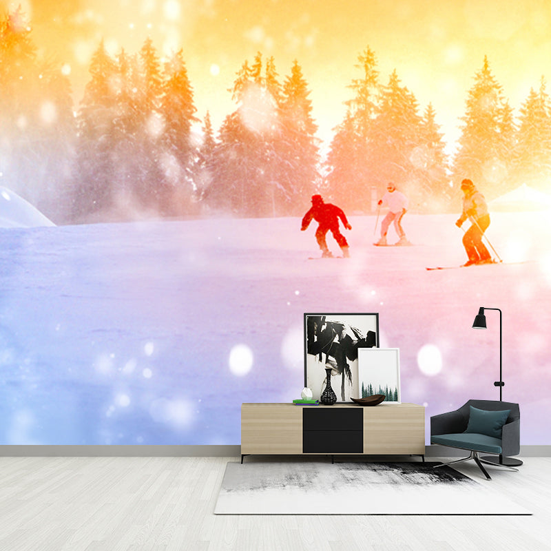 Lovely Kids Snow Skiing Mural Wallpaper for Bedroom, Yellow-Blue, Made to Measure