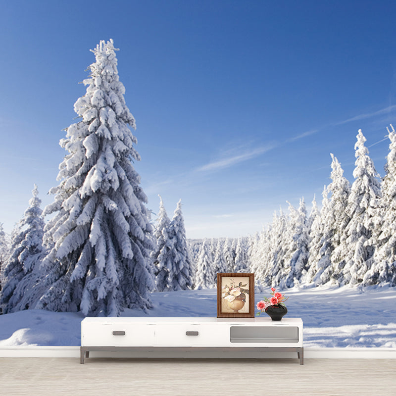 Contemporary Winter Cypress Mural Blue Snowy Scenery Wall Covering for Accent Wall