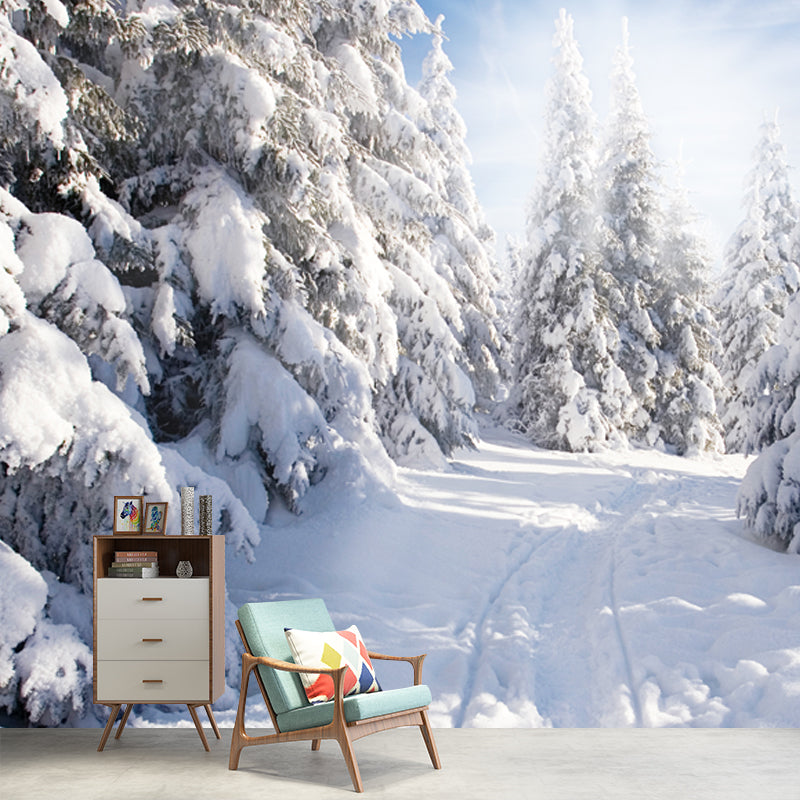 Full Size Winter Morning Mural Indoor Snowy Cypress Wall Decor in White, Waterproof