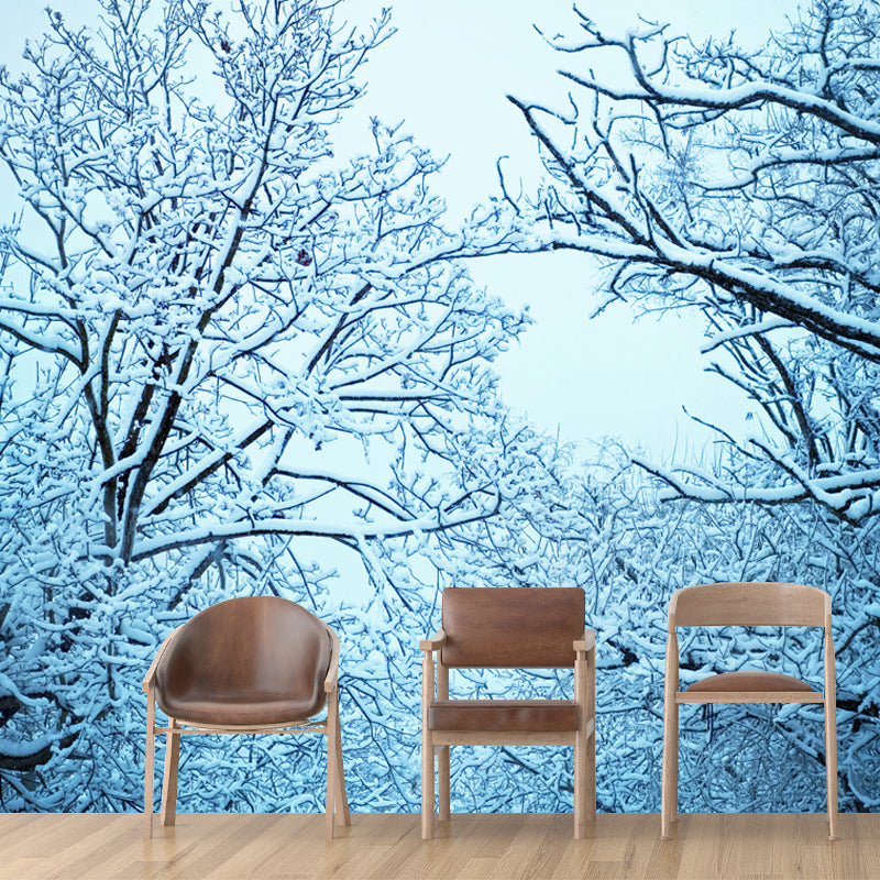 Modern Snowy Tree Branches Mural Blue Stain-Proof Wall Art for Living Room, Made to Measure
