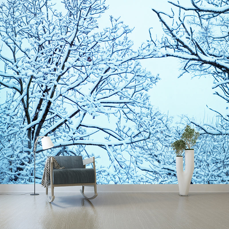 Modern Snowy Tree Branches Mural Blue Stain-Proof Wall Art for Living Room, Made to Measure
